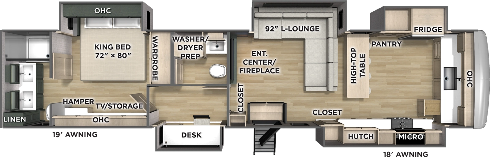 The Puma Grand Mesa 395FKL floorplan has one entry and five slide outs. Exterior features include: fiberglass exterior and 19' & 18' awning. Interiors features include: front kitchen, rear bathroom and bathroom and a half.